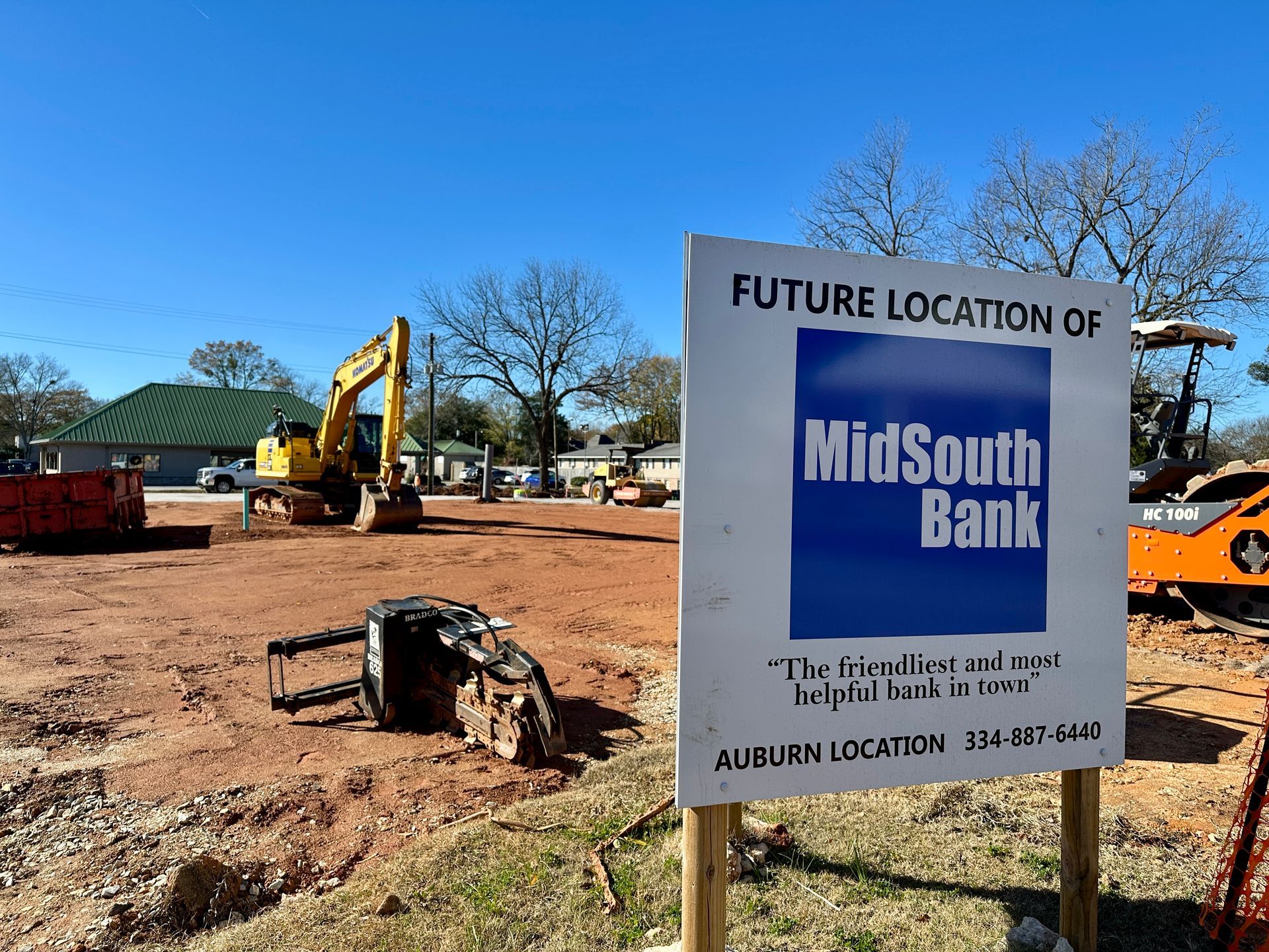 Construction site with a sign indicating the future location of MidSouth Bank in Auburn.