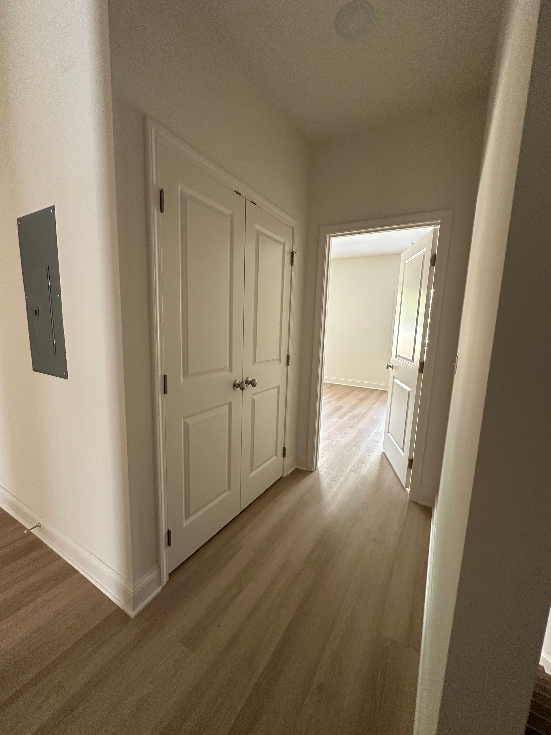 Hallway with white doors and light wood flooring, leading to a bright room ahead.
