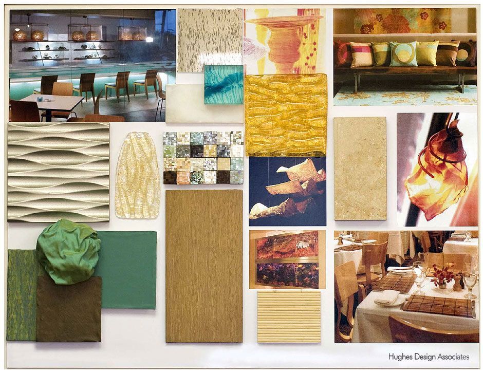 Mood board with restaurant and decor elements in greens, browns, yellows. Includes textures, furniture, lighting.