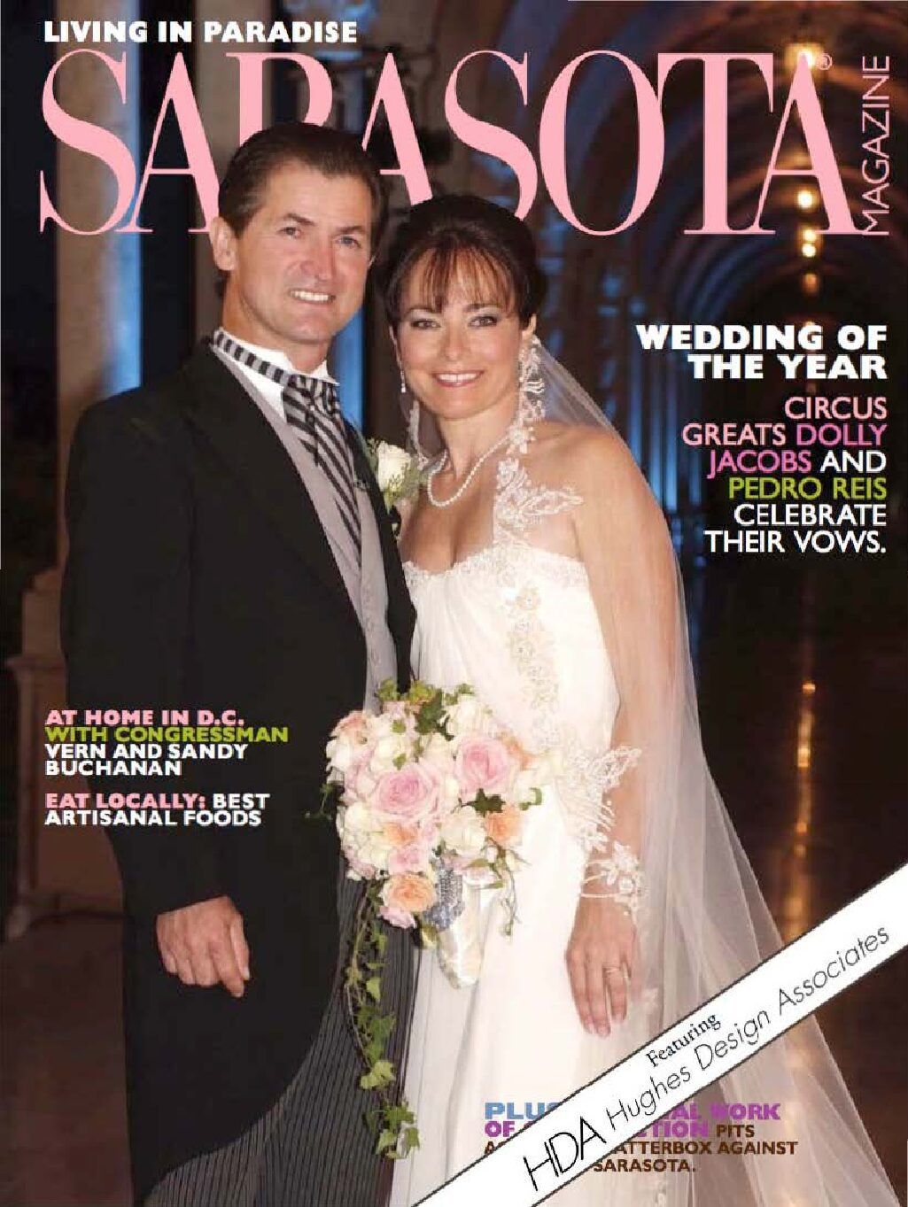 Magazine cover: Bride and groom in wedding attire, 
