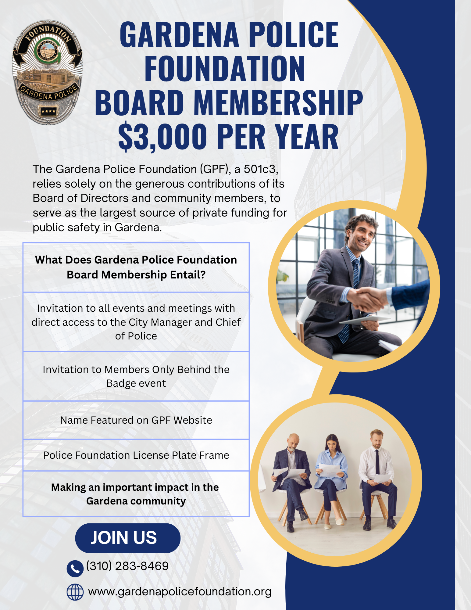 A flyer for the gardena police foundation membership levels.