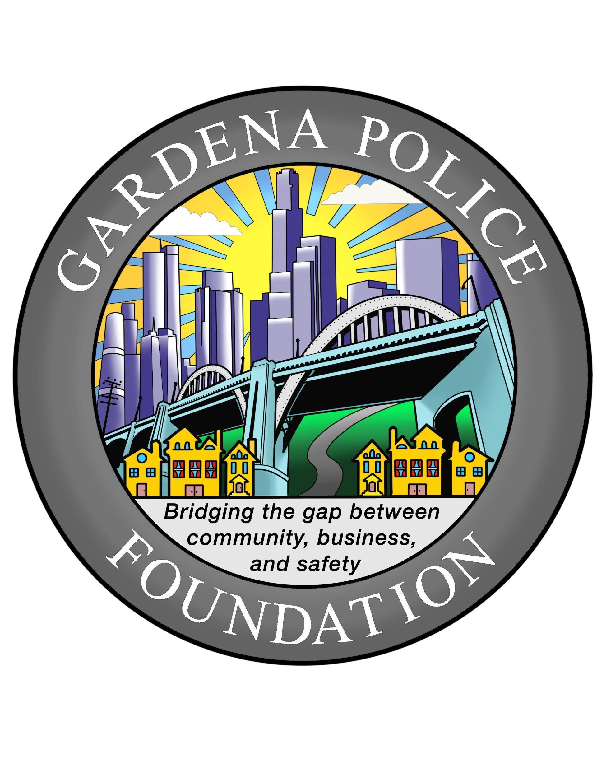 The gardena police foundation logo shows a bridge over a city