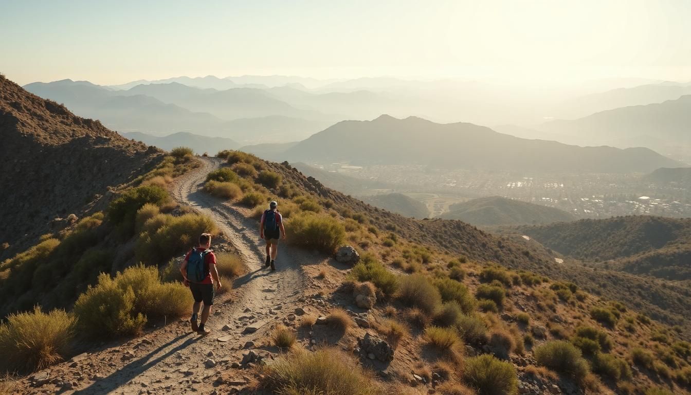 Two people are walking down a dirt path on top of a mountain.