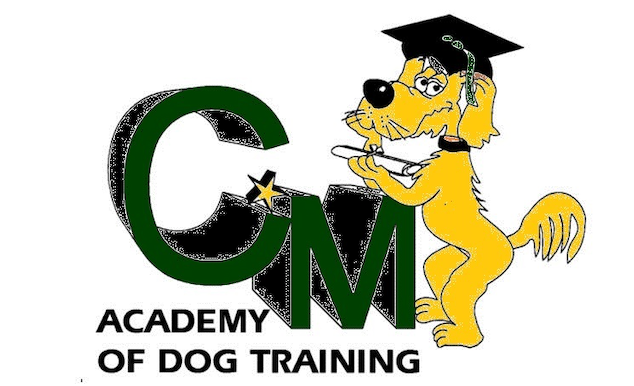 Logo for CM Academy of Dog Training: Yellow dog in mortarboard holding diploma, with green 