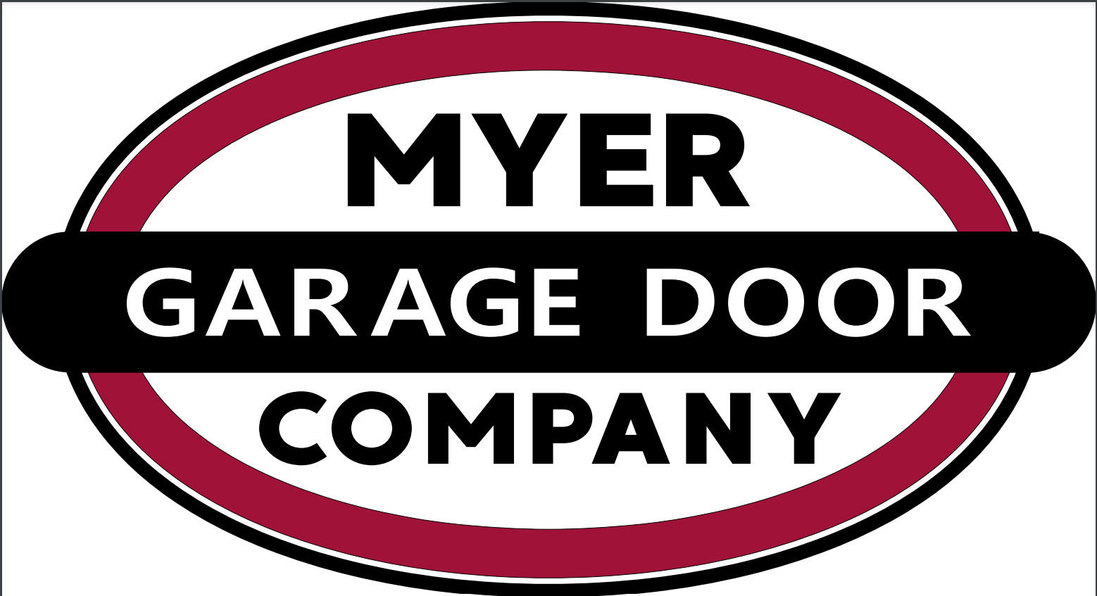 Meyer Garage Door Company logo in black, white, and maroon oval design