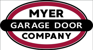 Meyer Garage Door Company logo in black, white, and maroon oval design