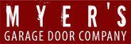 Myers Garage Door Company logo with white text on a red background