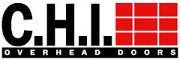 C.H.I. Overhead Doors logo with bold black letters and red grid squares on a white background