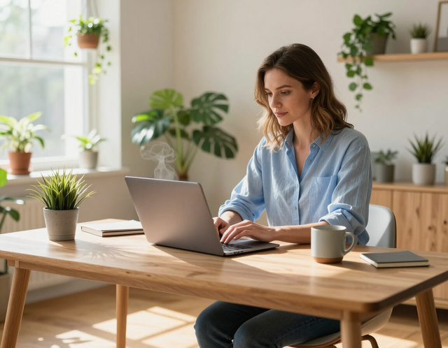 Yuri Mandakh working at her laptop in a bright, plant-accented home office
