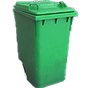 A green trash can with wheels and a lid on a white background.