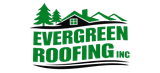 The Evergreen Roofing Inc. logo features green text and a graphic of house roofs and evergreen trees.