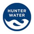The logo for hunter water is a blue circle with waves in it.