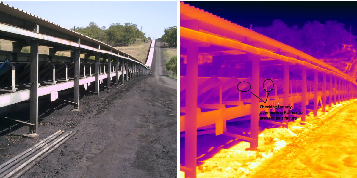 A picture of a conveyor belt next to a picture of a thermal image of a conveyor belt.