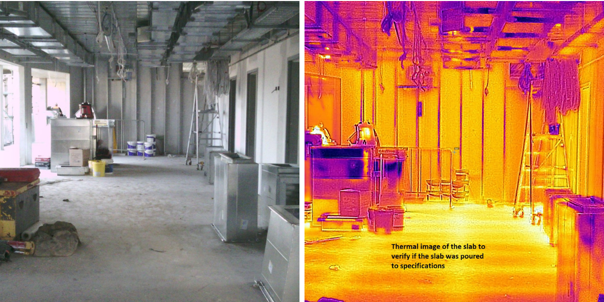A picture of a building under construction next to a picture of a building under construction.