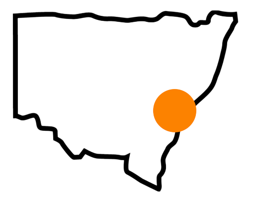 A black and white map of the united states with an orange circle in the middle.