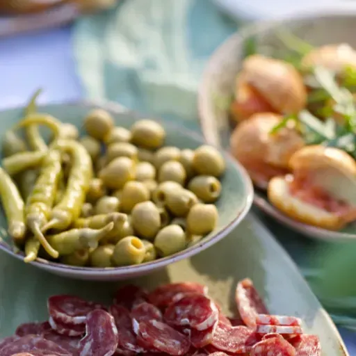 Schalen met groene olijven, ingelegde paprika's en plakjes gedroogd vlees op een tafel.