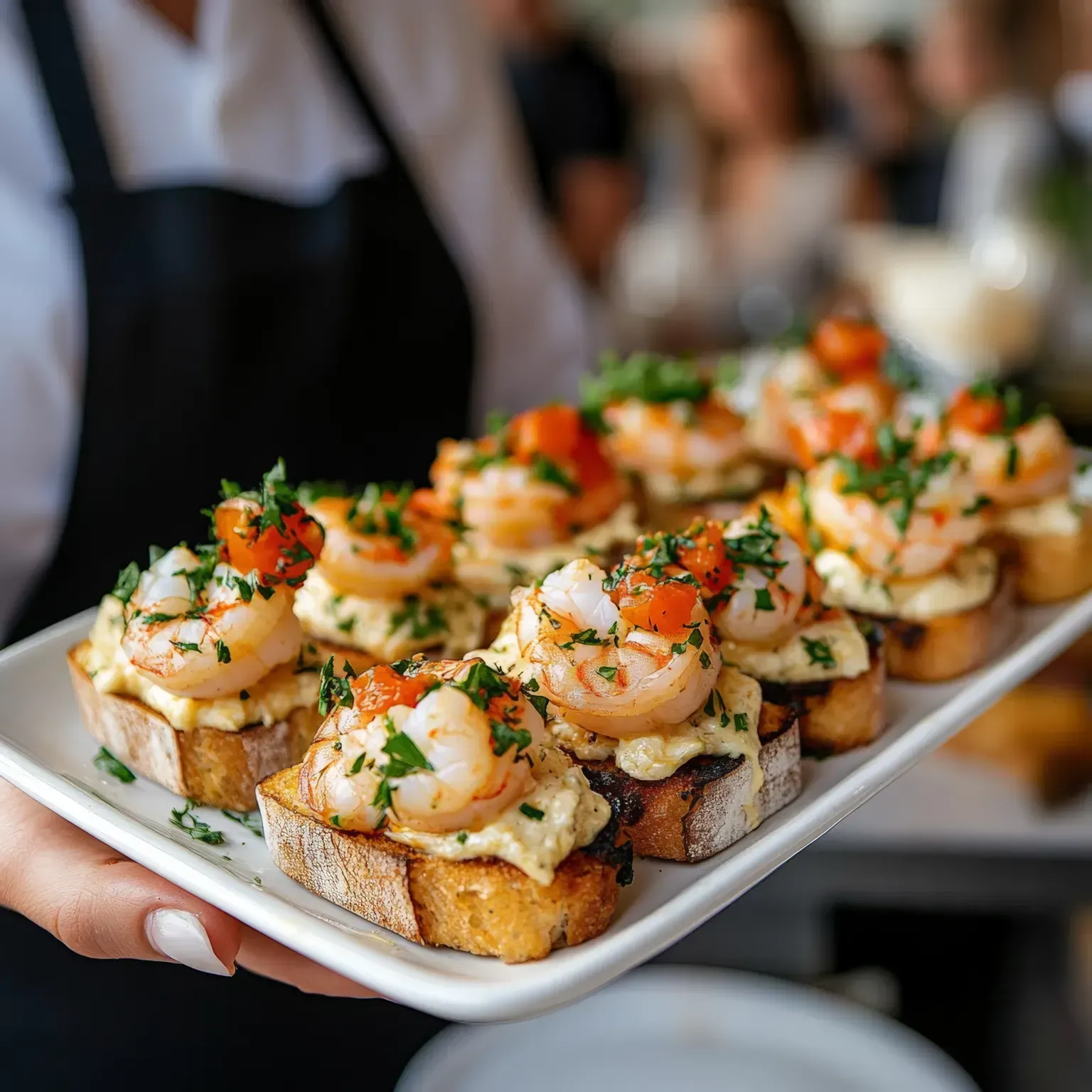 Een schaal met garnalenbruschetta als voorgerecht, geserveerd op geroosterd brood en gegarneerd met kruiden en blokjes tomaat.