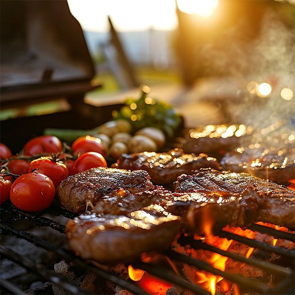 Gegrilde steaks en cherrytomaten sissen op de barbecue in het warme licht van de zonsondergang.