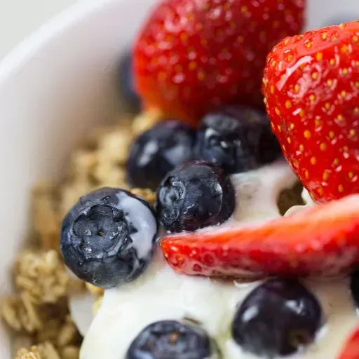 Yoghurtkom met bosbessen, aardbeienschijfjes en granola.