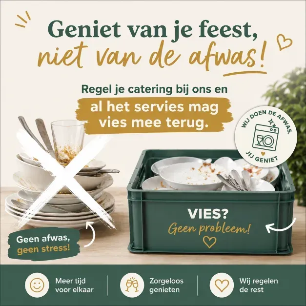 Promoposter voor catering met groene bakken voor afwas en etenstips; tekst: “Geniet van je feest, niet van de afwas.”