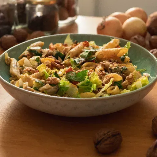 Een kom gemengde salade met gegrilde kip en groenten op een houten tafel.