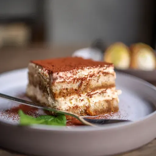 Een plak tiramisu op een bord, bestrooid met cacaopoeder, met een schijfje munt en een lepel ernaast.