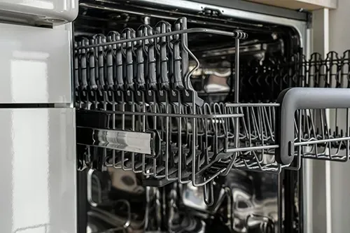 The upper rack of an empty, clean dishwasher with grey, metallic wire shelving and a grey handle.