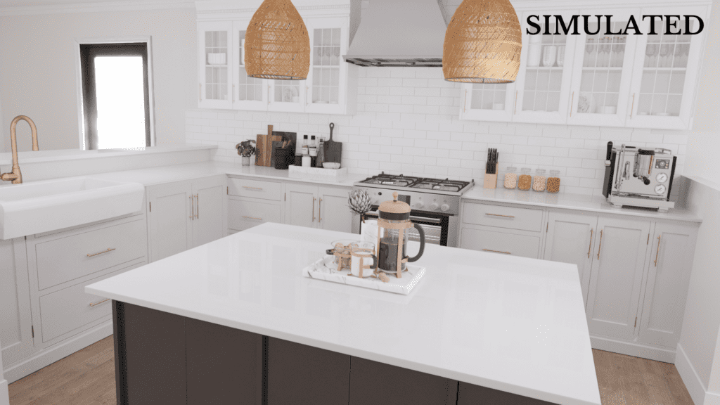 A kitchen with white cabinets and a large island in the middle.