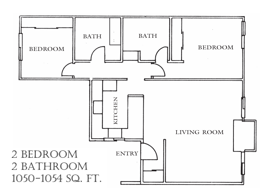 Floor plan of a 2-bedroom, 2-bathroom apartment with living room and kitchen, 1050–1450 sq. ft.