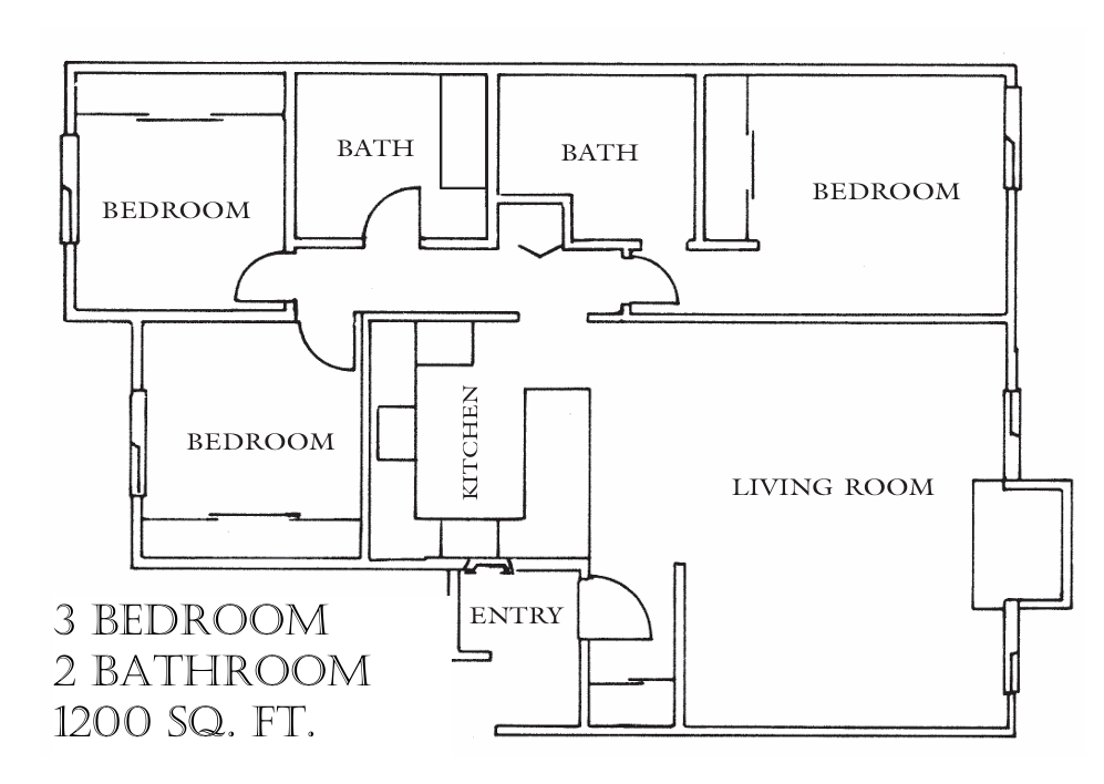 Black-and-white 3-bedroom, 2-bathroom house floor plan, 1200 sq. ft.