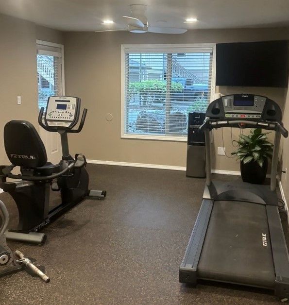 Home gym with a treadmill, stationary bike, wall-mounted TV, and a large window.