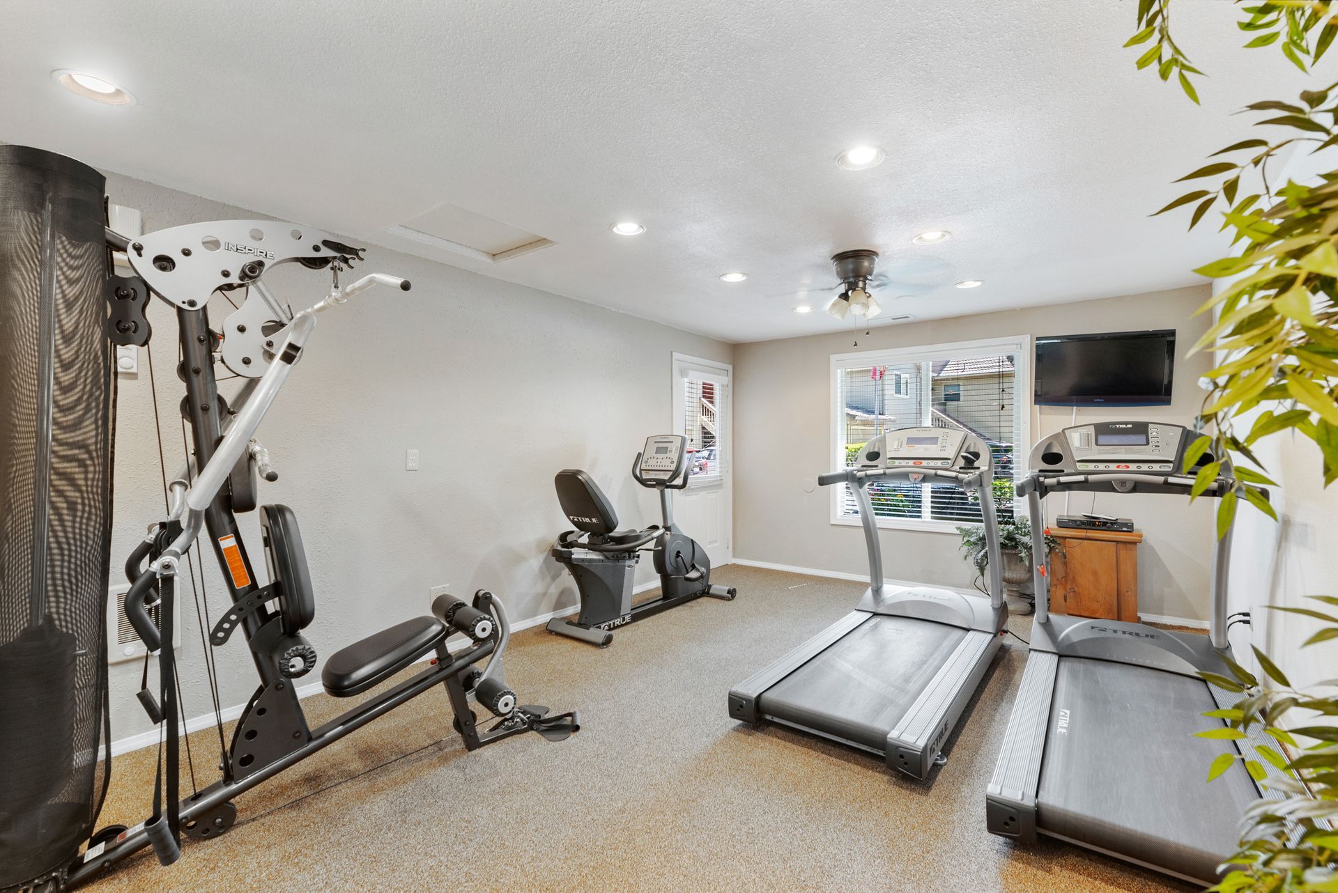 Home gym with treadmill, rowing machine, cable machine, and TV in a bright room
