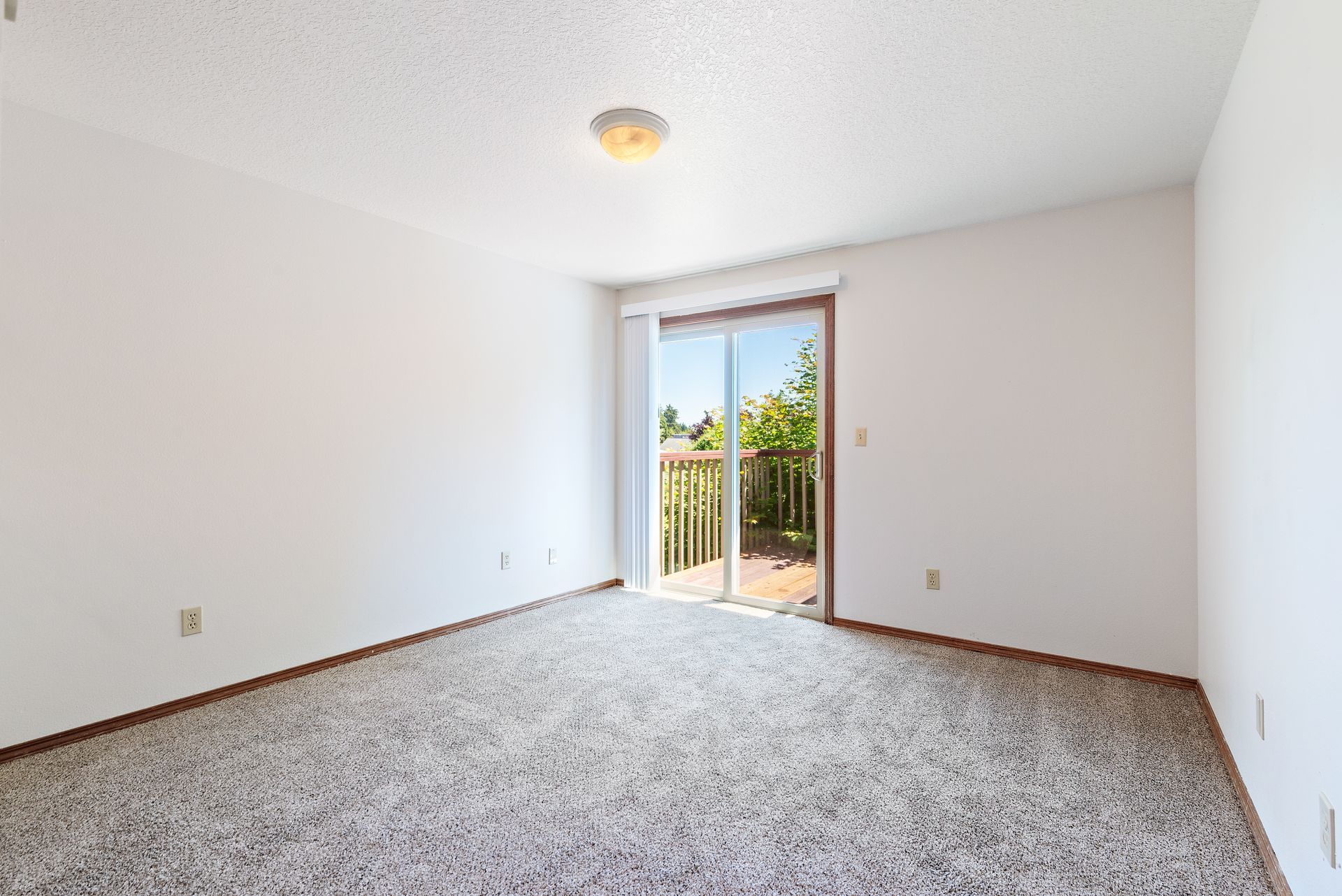 Empty white bedroom with carpet and sliding glass door to a patio