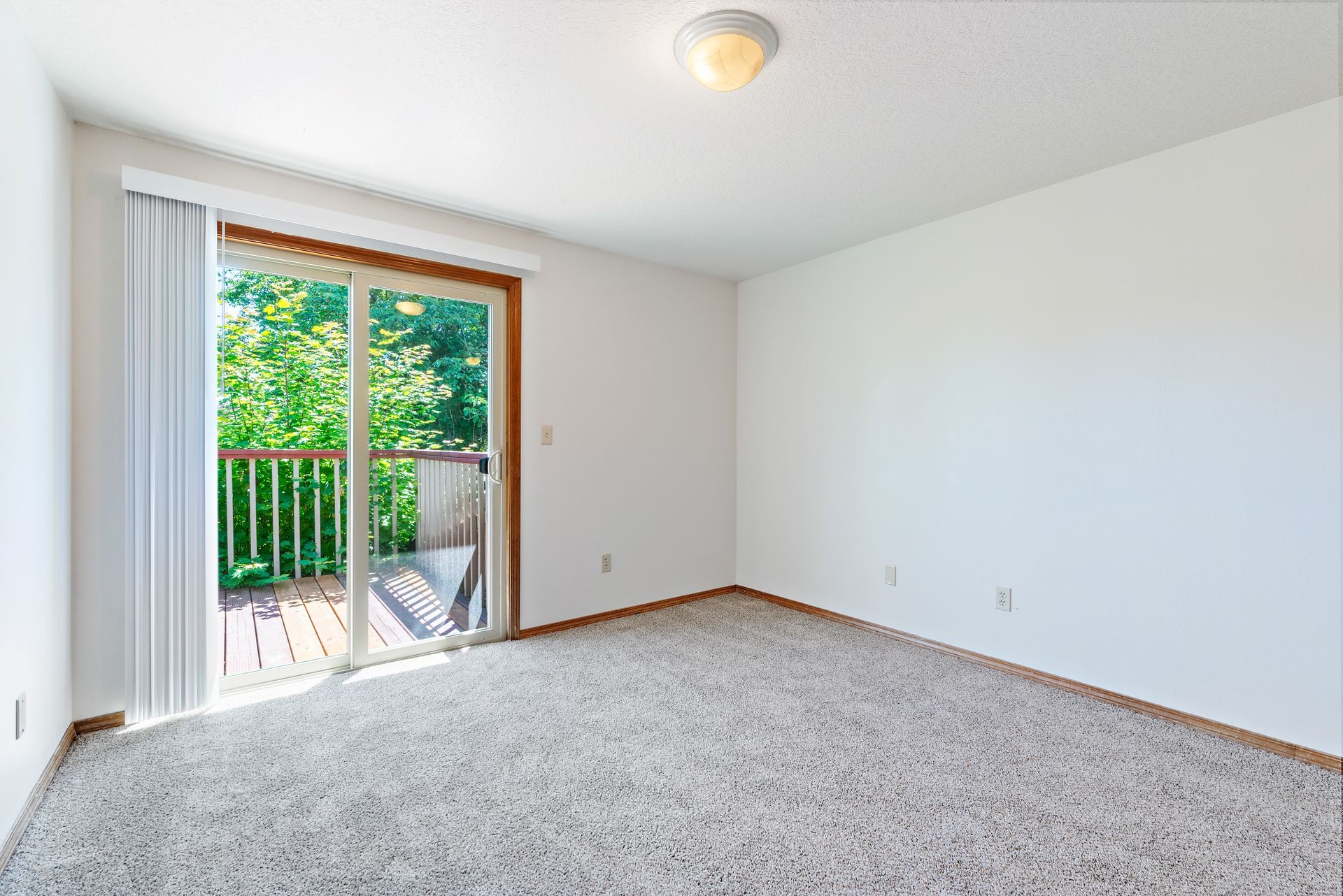 Empty carpeted room with sliding glass door to a balcony and trees outside