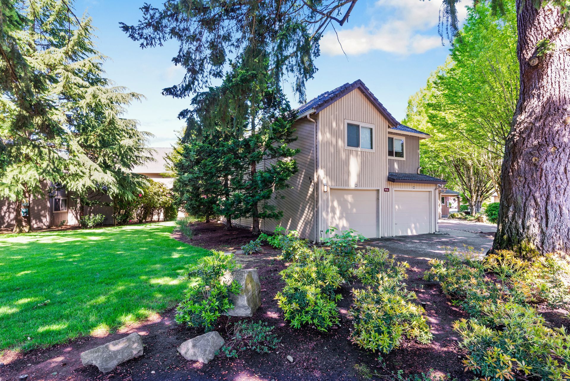 Suburban two-story house with garage, green lawn, trees, and shrubs on a sunny day