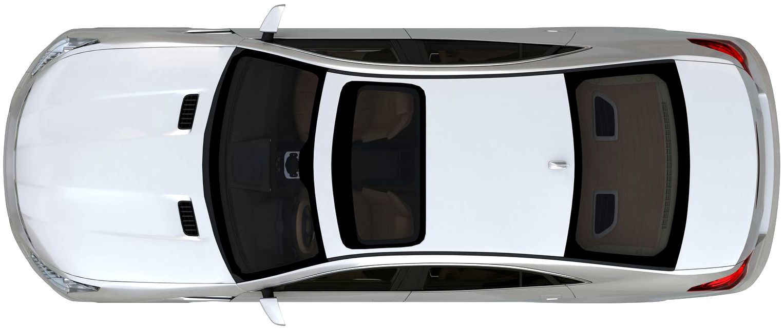 Overhead view of a silver car with a black roof and red taillights.