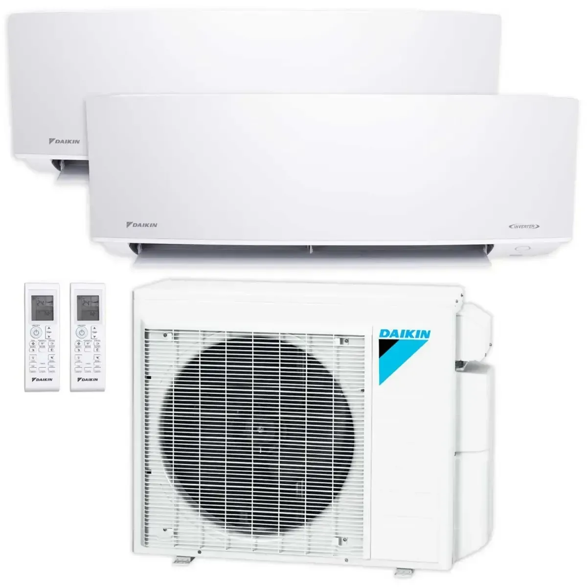 A white daikin air conditioner with two remotes