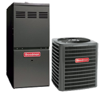 A goodman gas furnace and air conditioner on a white background.