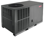 A gray air conditioner is sitting on top of a white surface.