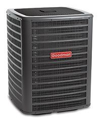 A goodman air conditioner is shown on a white background.