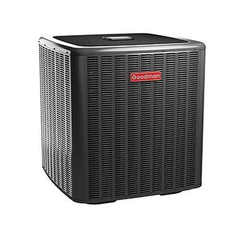 A goodman air conditioner is shown on a white background.