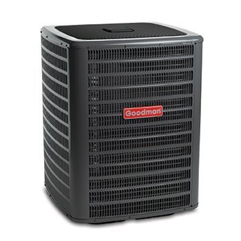 A goodman air conditioner is shown on a white background.