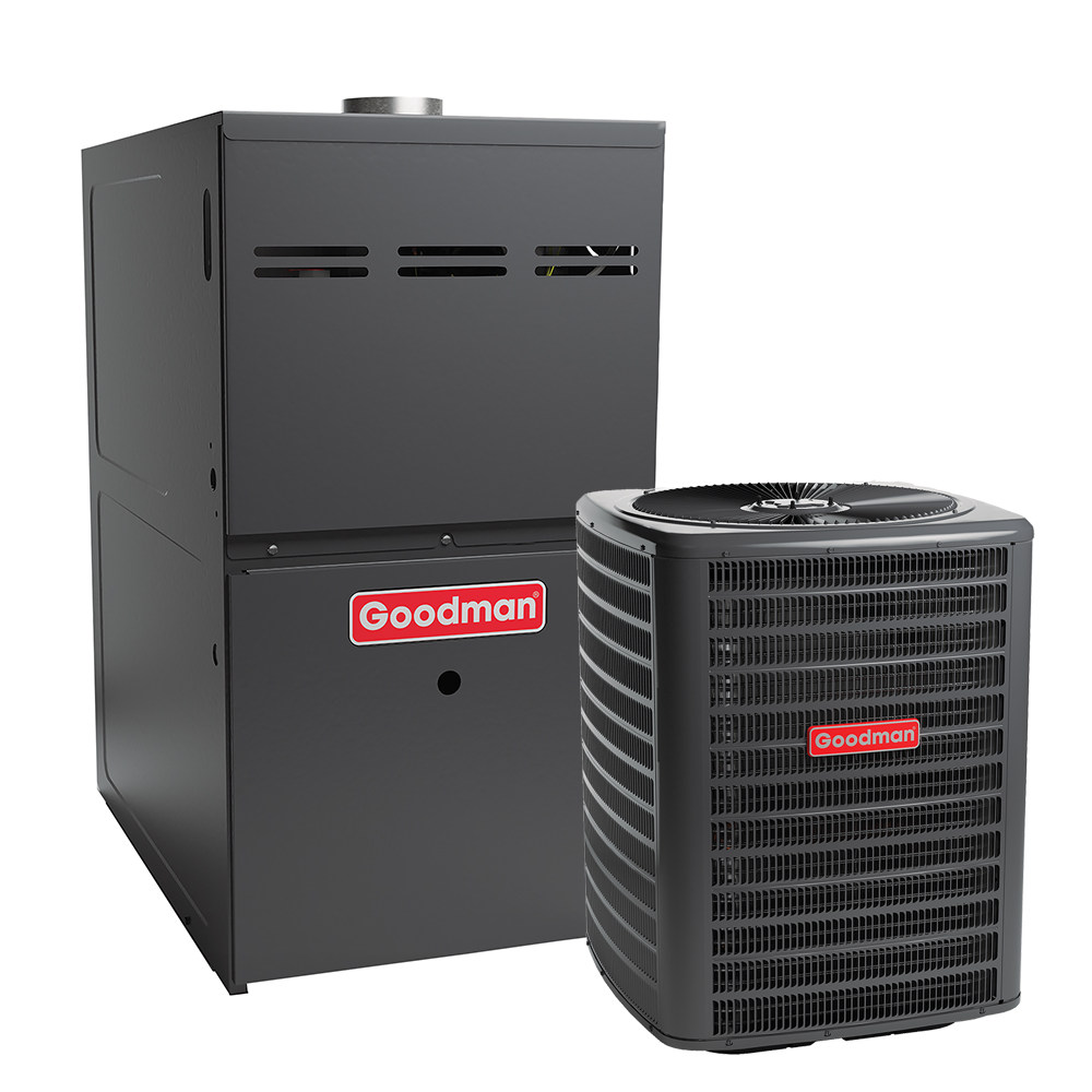 A goodman furnace and air conditioner are sitting next to each other on a white background.