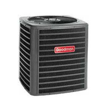 A goodman air conditioner is shown on a white background.