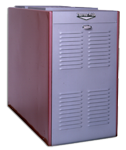 A red and gray cabinet with a handle on the side on a white background.
