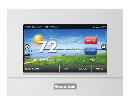 A goodman thermostat is displaying the temperature of 72 degrees fahrenheit.