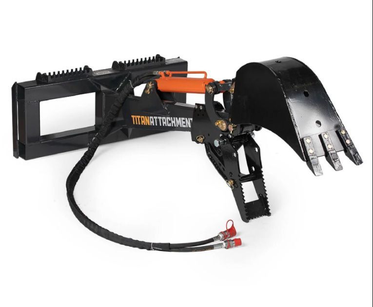 Black skid steer backhoe attachment with an orange hydraulic cylinder, featuring a bucket and hose connectors on white.