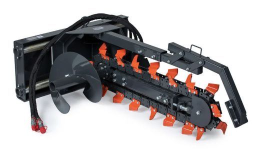 A dark gray hydraulic trencher attachment for a skid steer with a black auger and orange cutting teeth on the chain.