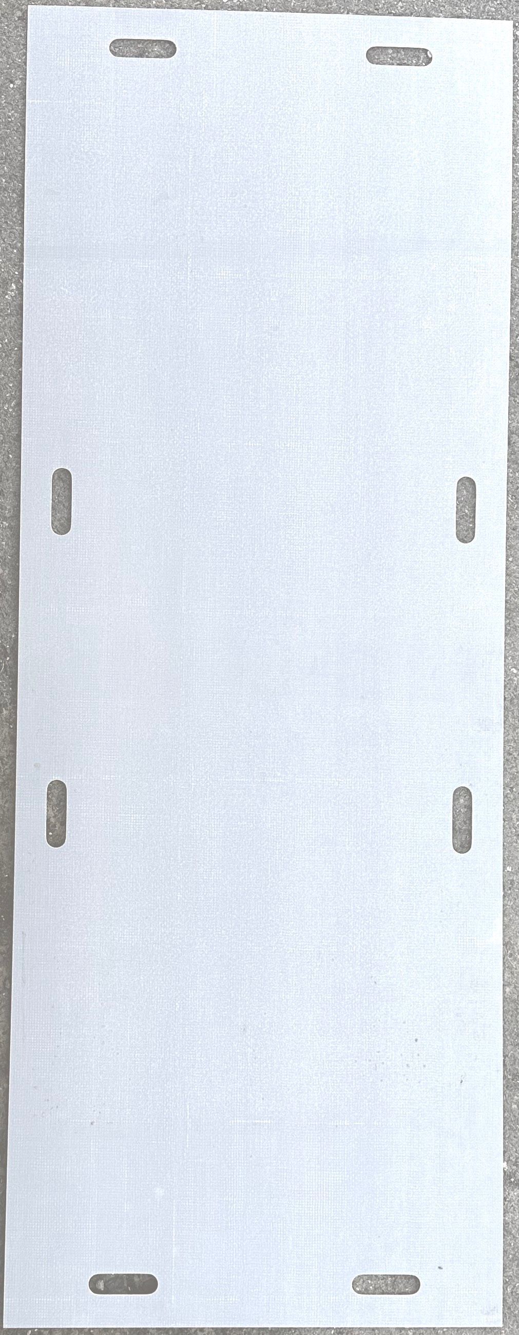 A long, rectangular white fabric strip with four pairs of silver metal grommets evenly spaced along its edges.