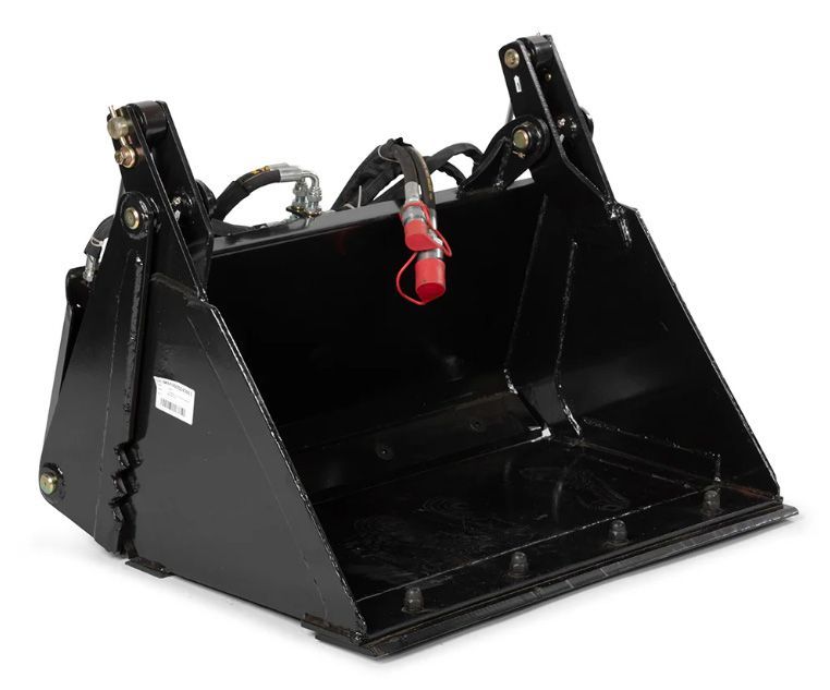 A black hydraulic grapple bucket attachment for a construction vehicle with red hydraulic hose connectors.